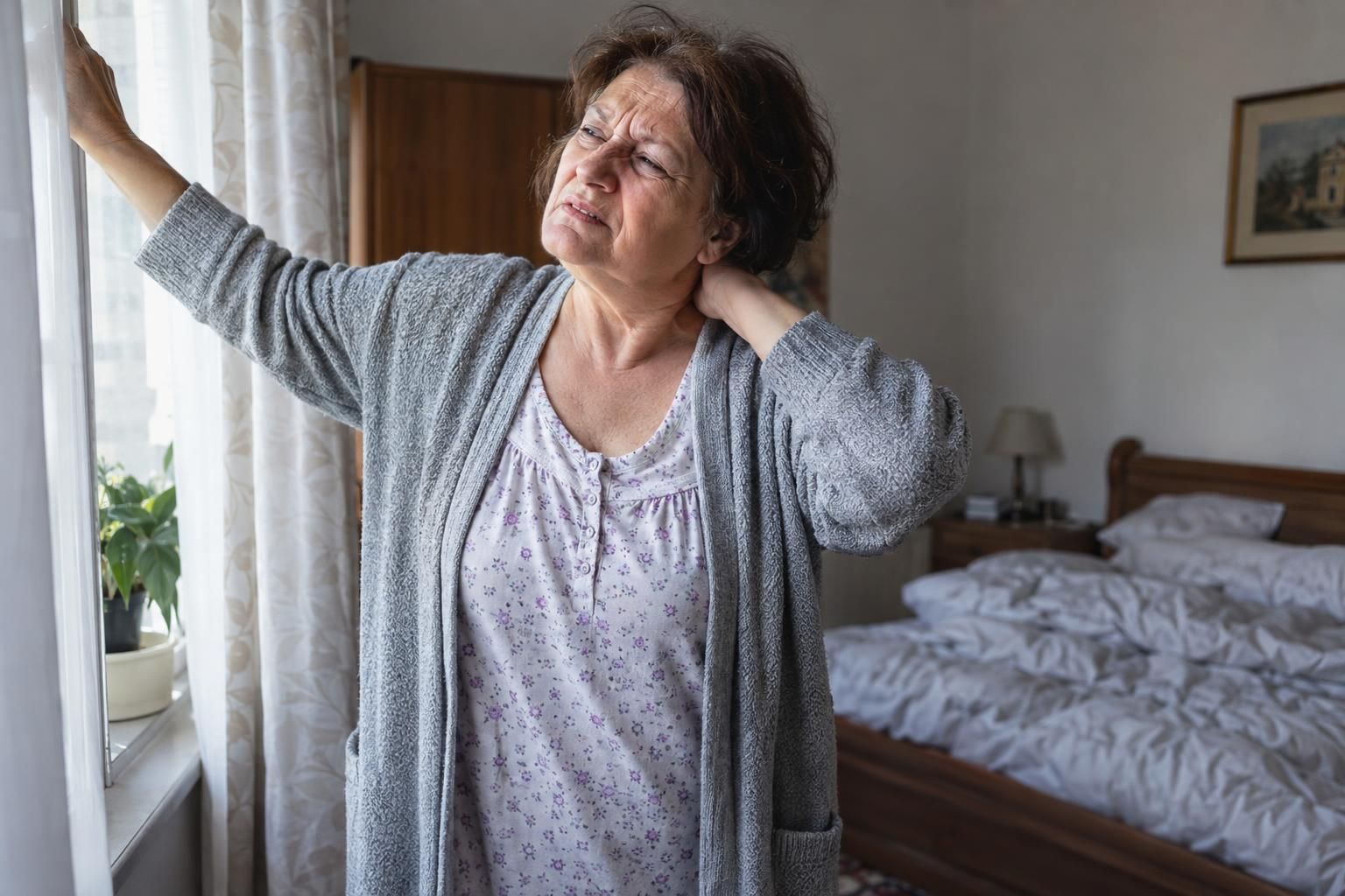 Жена около 65 години по нощница и сива жилетка до прозореца в спалнята: с едната ръка дърпа пердето, с другата държи схванатия си врат – сутрешна скованост в шията и мускулите